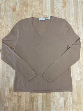 Neiman Marcus Cashmere Sweater V Neck Pullover Top Camel Tan Light Brown Large L